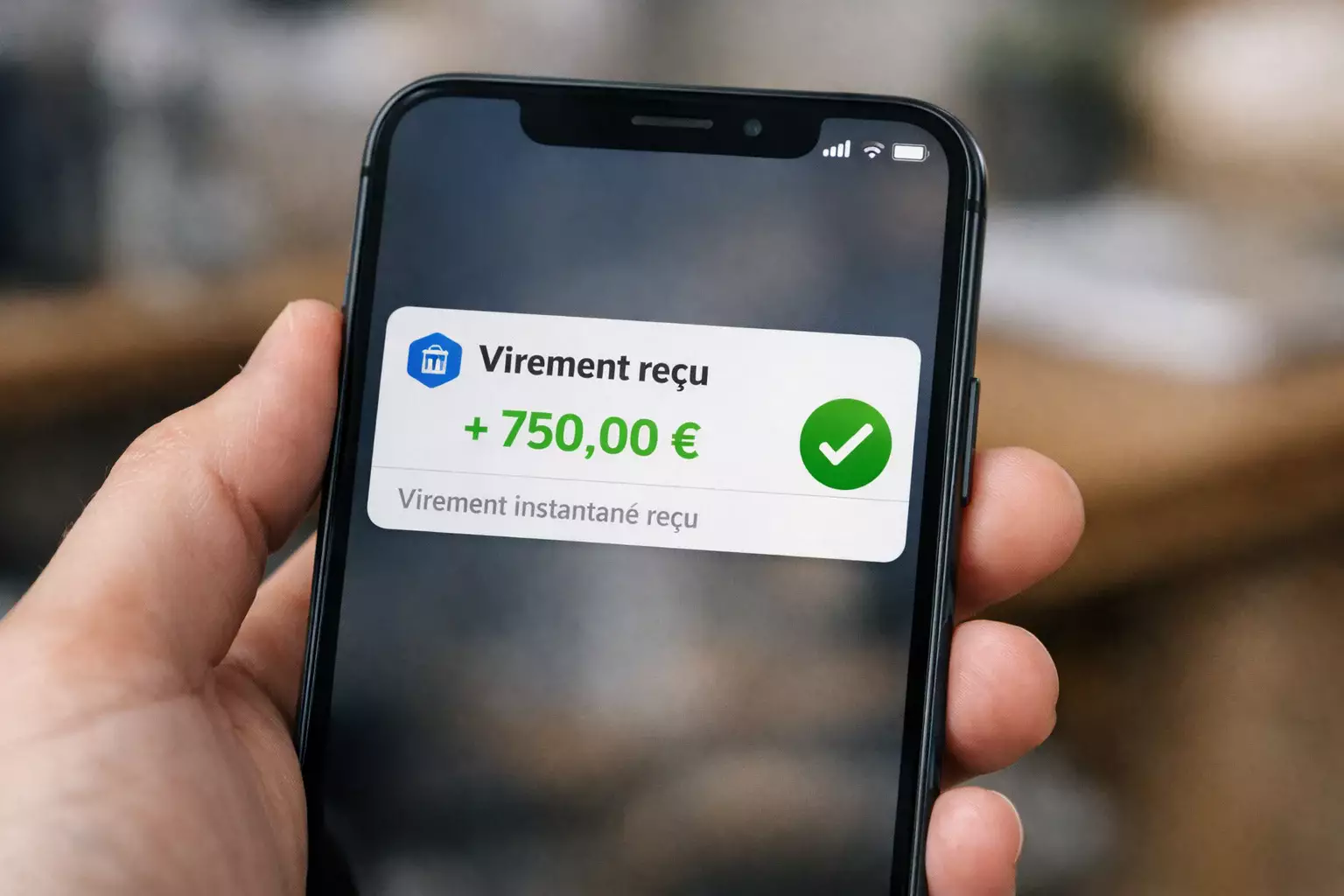 Smartphone affichant une notification de virement reçu instantanément